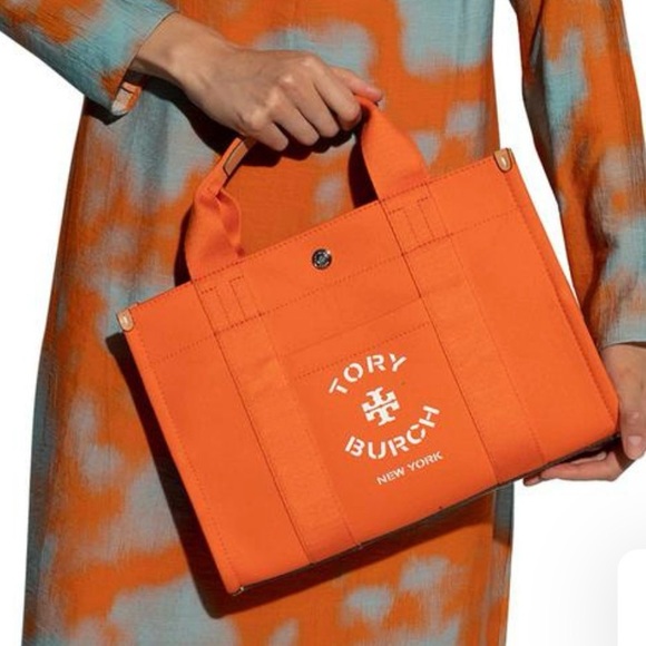 New with tags: Tory Burch Orange Canvas Tote Bag with strap - Picture 6 of 8
